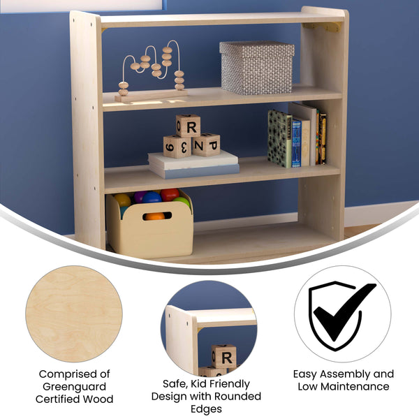 Commercial Grade Natural Finish Wooden Classroom 3 Shelf Storage Unit, Kid Safe
