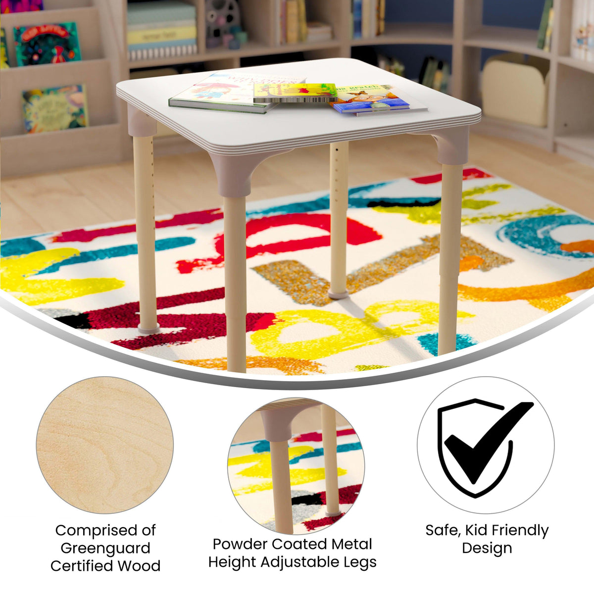 Commercial Grade Adjustable Height Square Wooden Classroom Table - Beech/White