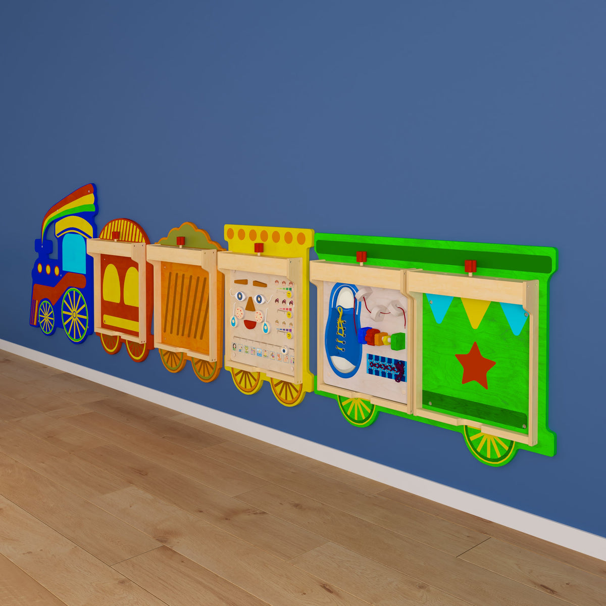 Commercial Grade Wooden Train STEAM Wall System with 5 Accessory Panel Holders
