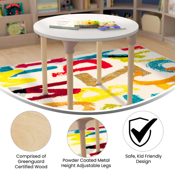 Commercial Grade Adjustable Height Round Wooden Classroom Table - Beech/White