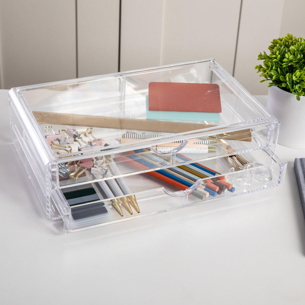 Desktop Organization Box with 2 Half Moon Opening Pullout Drawers-Clear Plastic