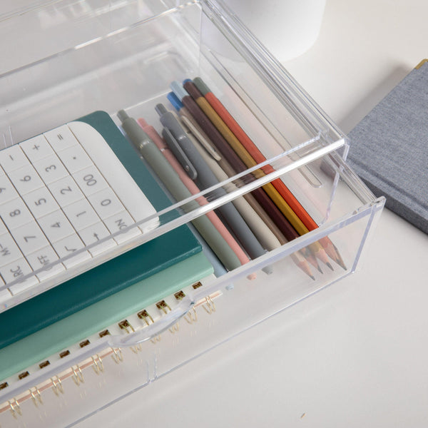 Desktop Organization Box with Half Moon Opening Pullout Drawer - Clear Plastic