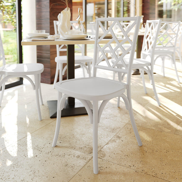White |#| Commercial Solid Wood Stackable Dining Chair with Intricate Back Detail in White