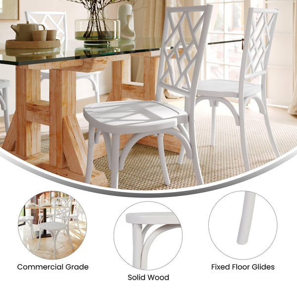 White |#| Commercial Solid Wood Stackable Dining Chair with Intricate Back Detail in White