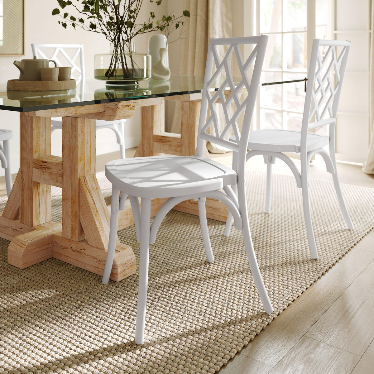 White |#| Commercial Solid Wood Stackable Dining Chair with Intricate Back Detail in White