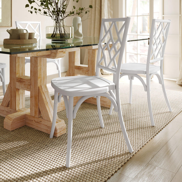 White |#| Commercial Solid Wood Stackable Dining Chair with Intricate Back Detail in White