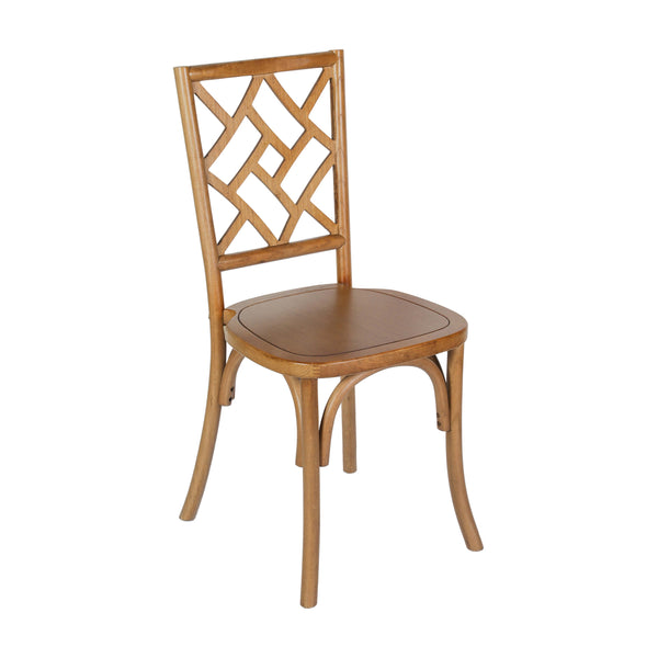 Pecan |#| Commercial Solid Wood Stackable Dining Chair with Intricate Back Detail in Pecan