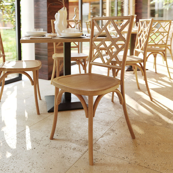 Pecan |#| Commercial Solid Wood Stackable Dining Chair with Intricate Back Detail in Pecan