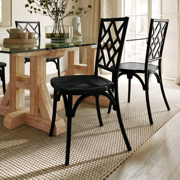 Black |#| Commercial Solid Wood Stackable Dining Chair with Intricate Back Detail in Black