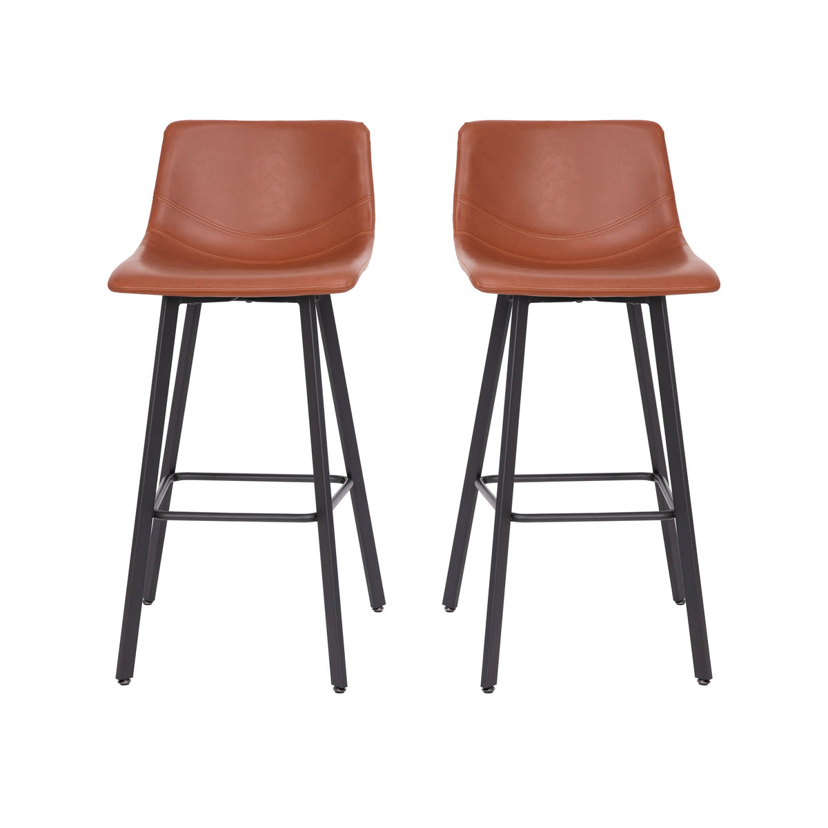 Cognac LeatherSoft |#| Set of 2 Commercial Indoor Armless Iron Barstools - Cognac LeatherSoft