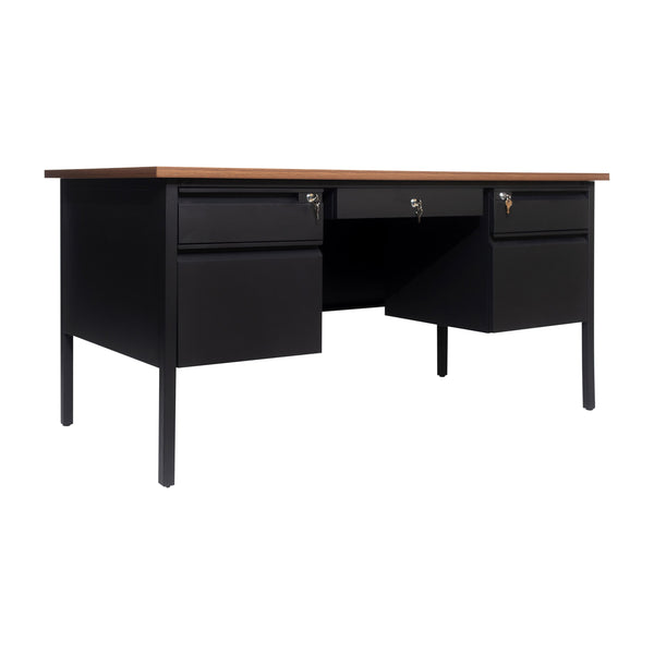 Walnut |#| Commercial Double Pedestal Desk with 5 Locking Drawers in Walnut-50x60