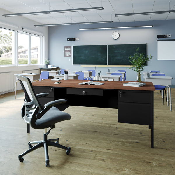 Walnut |#| Commercial Double Pedestal Desk with 5 Locking Drawers in Walnut-50x70