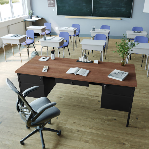 Walnut |#| Commercial Double Pedestal Desk with 5 Locking Drawers in Walnut-50x70