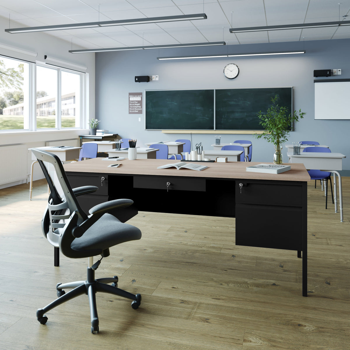 White Oak |#| Commercial Double Pedestal Desk with 5 Locking Drawers in White Oak-50x70