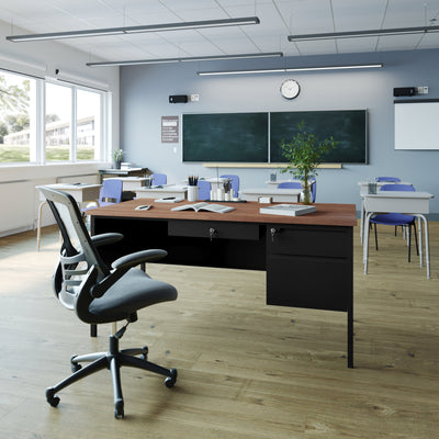 Cambridge Commercial Grade Single Pedestal Desk with Locking Drawers and Metal Frame