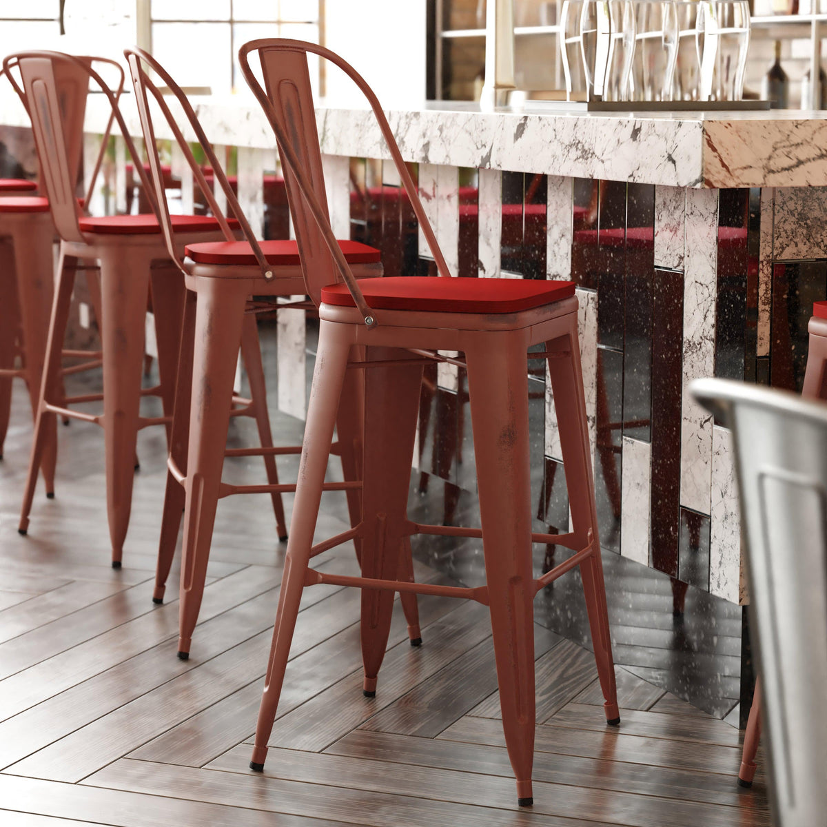 Kelly Red/Red |#| All-Weather Bar Height Stool with Poly Resin Seat - Kelly Red/Red