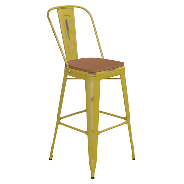 Yellow/Teak |#| All-Weather Bar Height Stool with Poly Resin Seat - Yellow/Teak