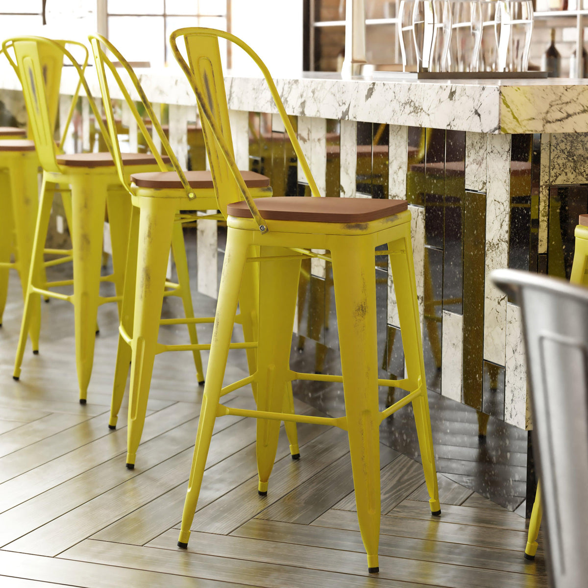 Yellow/Teak |#| All-Weather Bar Height Stool with Poly Resin Seat - Yellow/Teak