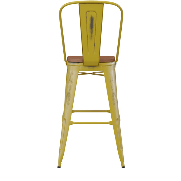 Yellow/Teak |#| All-Weather Bar Height Stool with Poly Resin Seat - Yellow/Teak