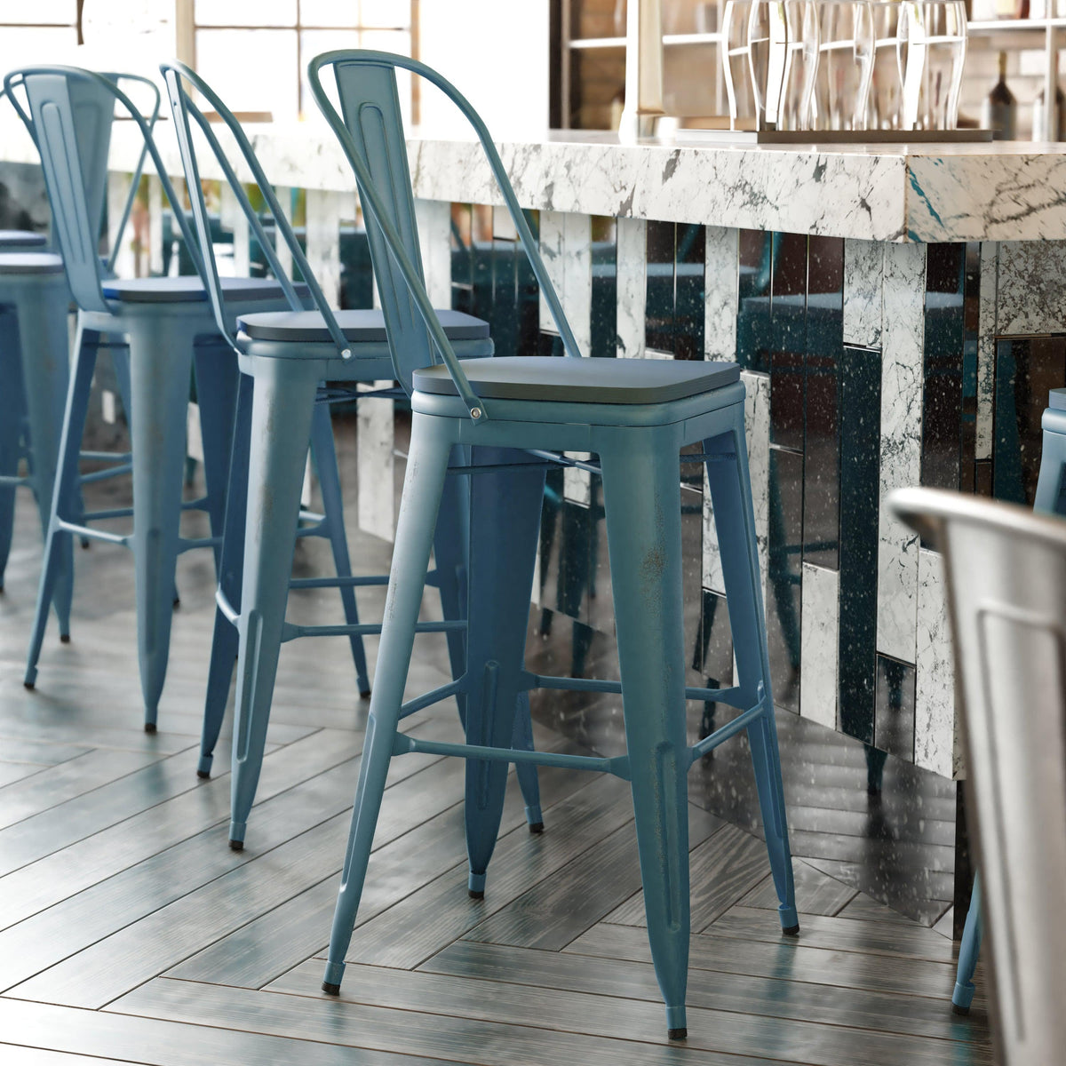 Kelly Blue-Teal/Teal-Blue |#| All-Weather Bar Height Stool with Poly Resin Seat - Kelly-Blue Teal/Teal