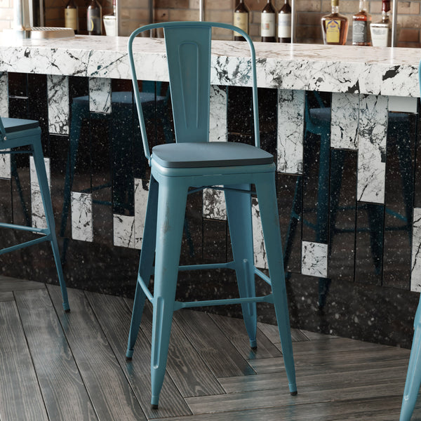 Kelly Blue-Teal/Teal-Blue |#| All-Weather Bar Height Stool with Poly Resin Seat - Kelly-Blue Teal/Teal