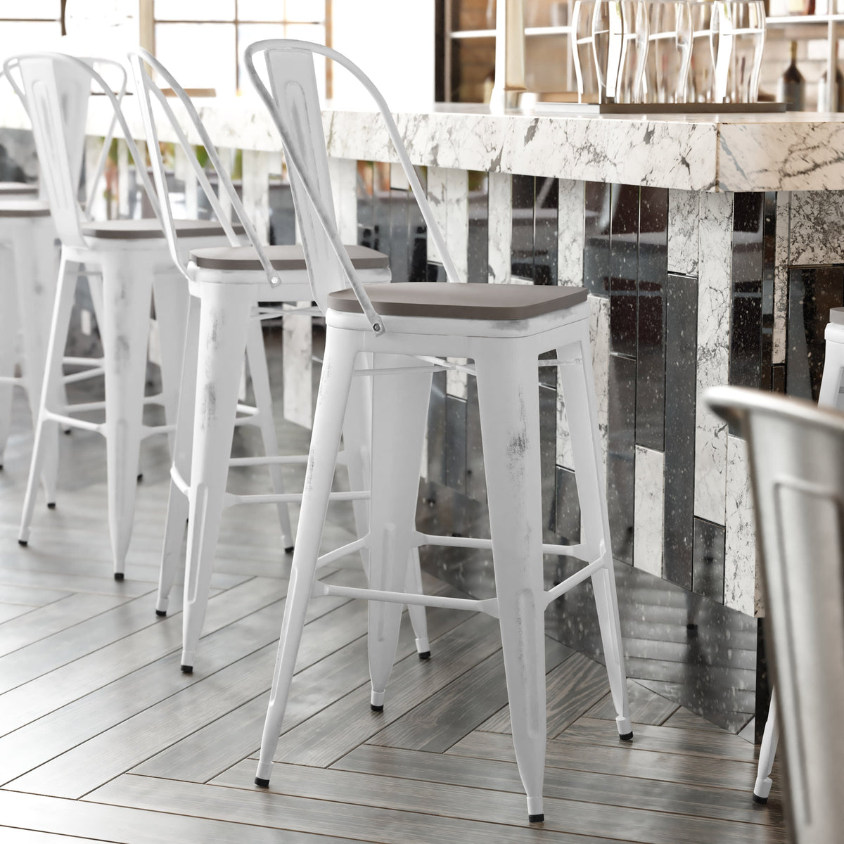 White/Gray |#| All-Weather Bar Height Stool with Poly Resin Seat - White/Gray