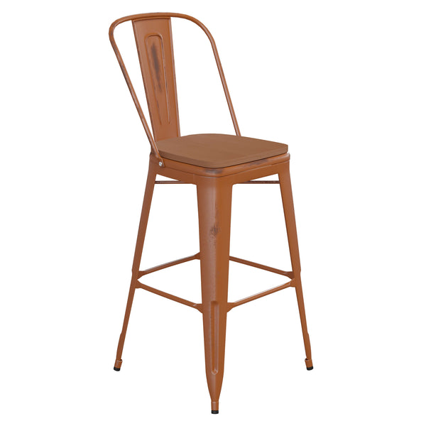 Orange/Teak |#| All-Weather Bar Height Stool with Poly Resin Seat - Orange/Teak