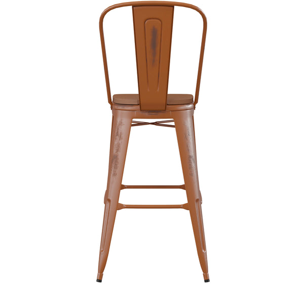 Orange/Teak |#| All-Weather Bar Height Stool with Poly Resin Seat - Orange/Teak