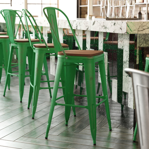 Green/Teak |#| All-Weather Bar Height Stool with Poly Resin Seat - Green/Teak