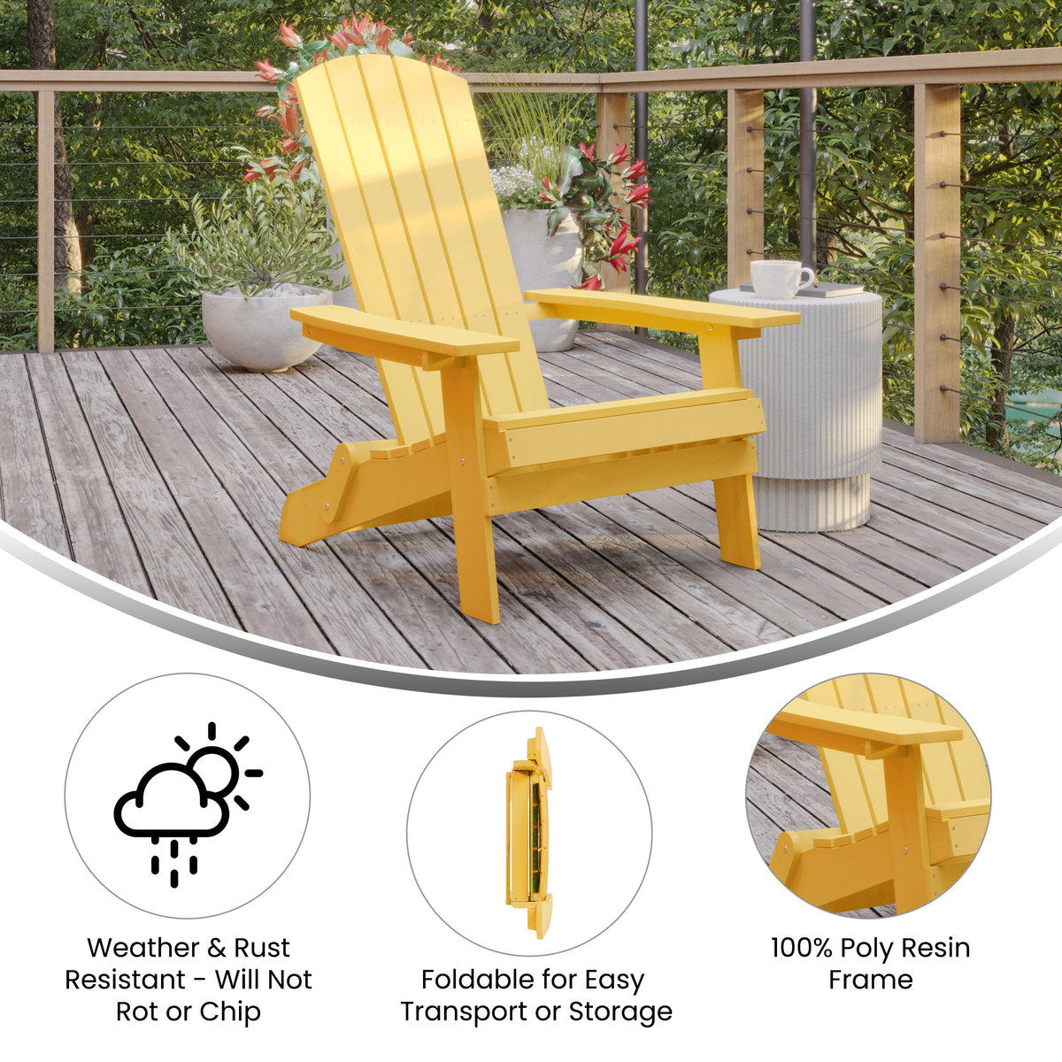 Yellow |#| All-Weather Poly Resin Folding Adirondack Chair in Yellow - Patio Chair