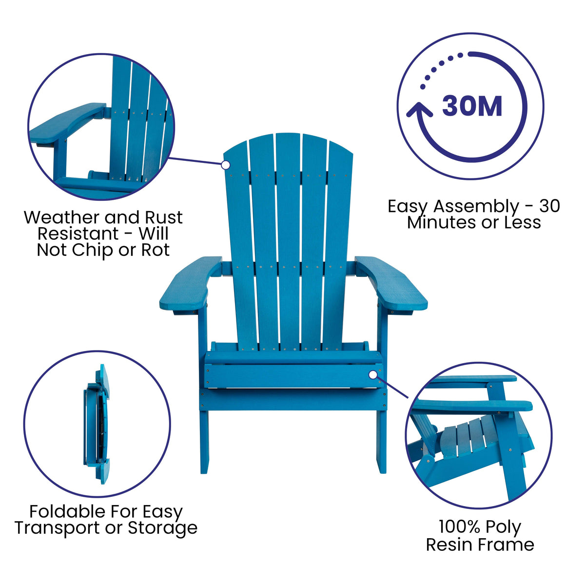 Blue |#| All-Weather Poly Resin Folding Adirondack Chair in Blue - Patio Chair