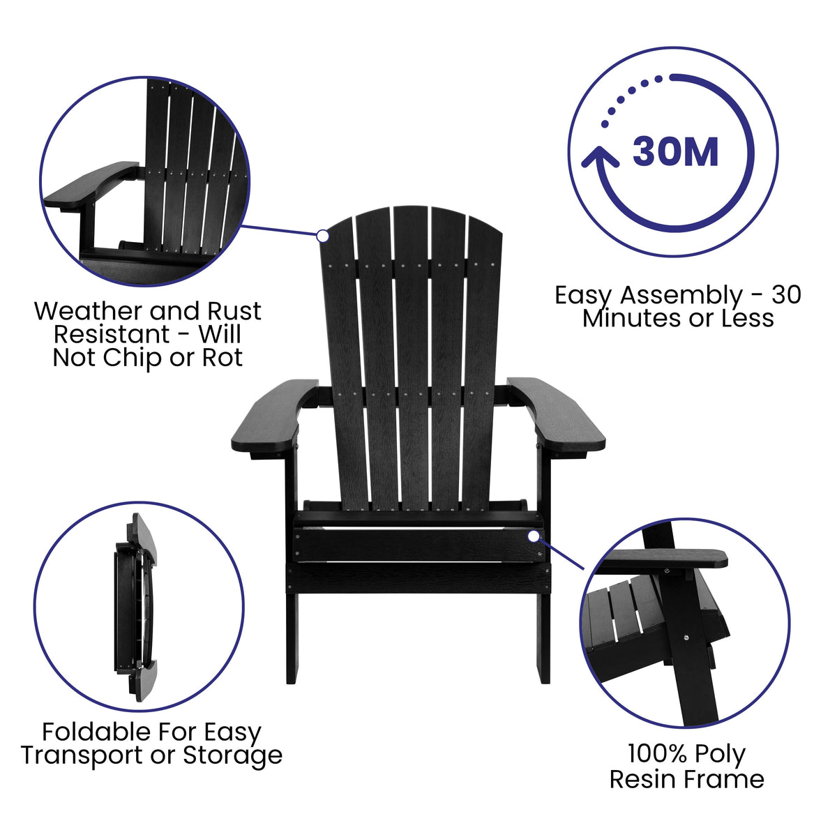 Black |#| All-Weather Poly Resin Folding Adirondack Chair in Black - Patio Chair