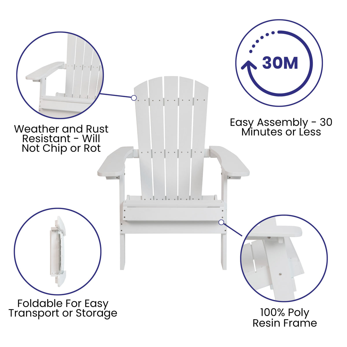 White |#| All-Weather Poly Resin Folding Adirondack Chair in White - Patio Chair