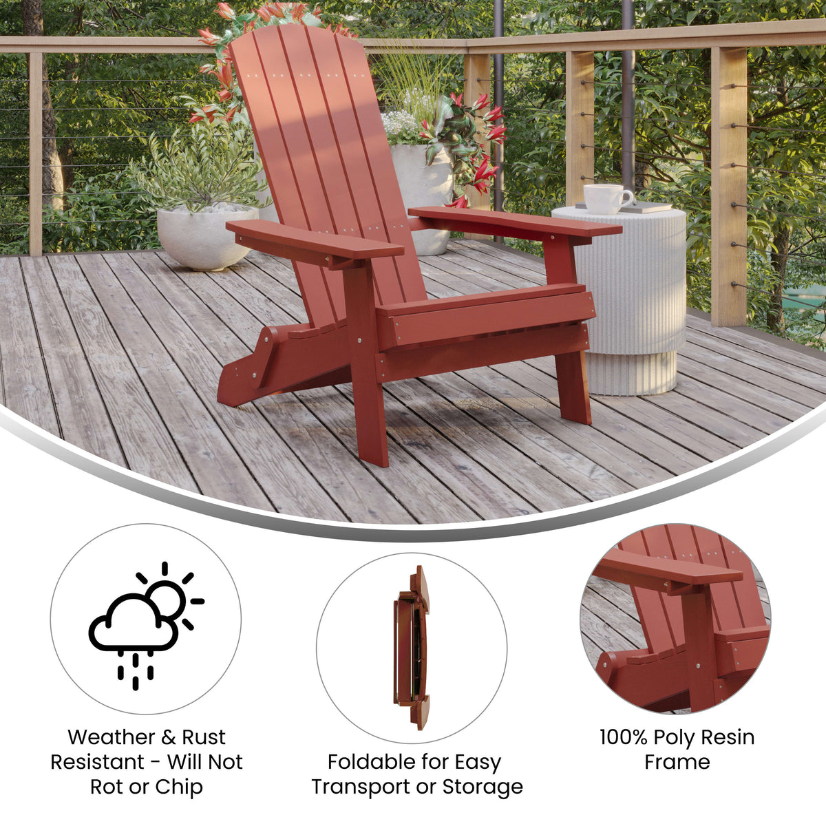 Red |#| All-Weather Poly Resin Folding Adirondack Chair in Red - Patio Chair