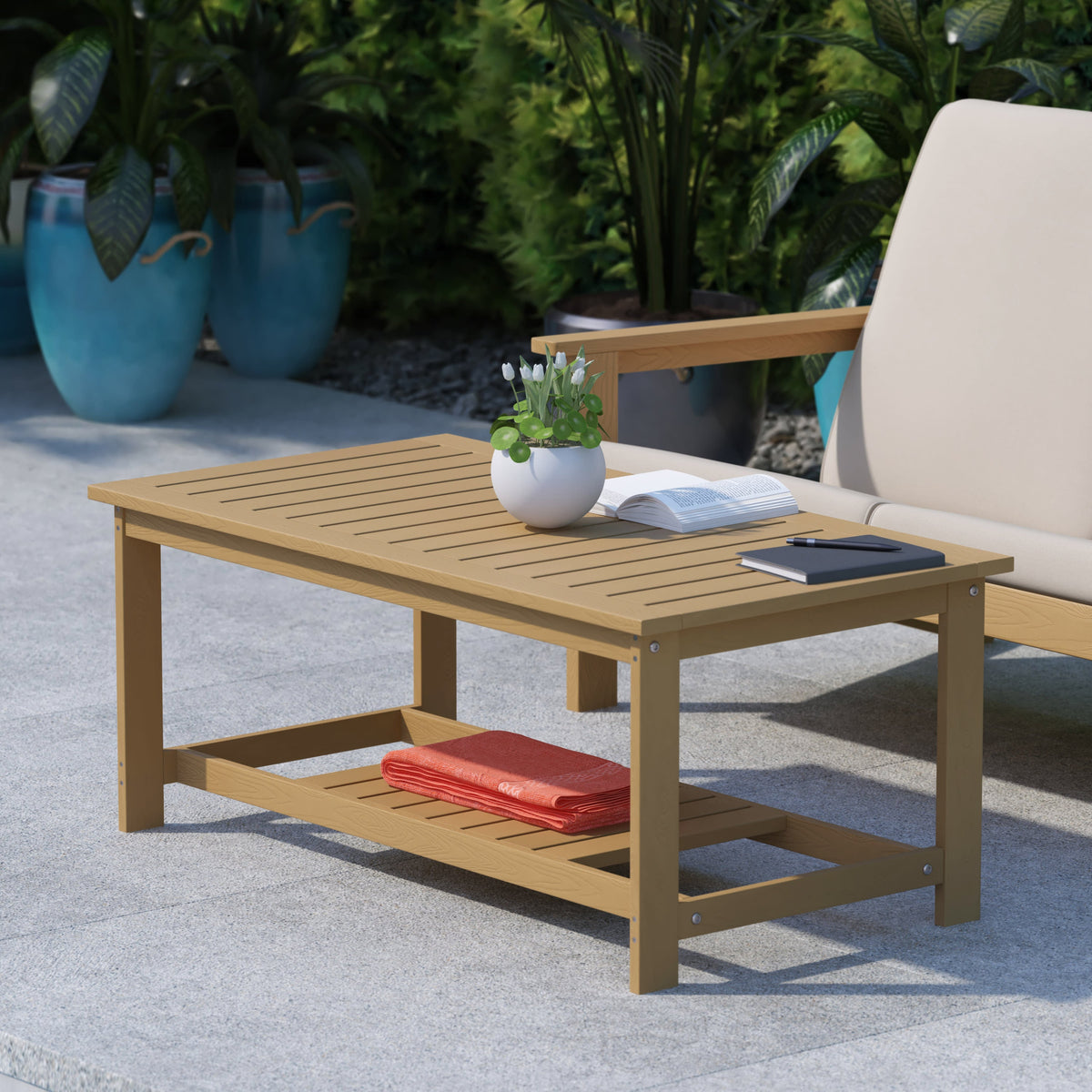 Natural Cedar |#| Indoor/Outdoor Poly Resin 2-Tier Adirondack Coffee Table - Natural Cedar