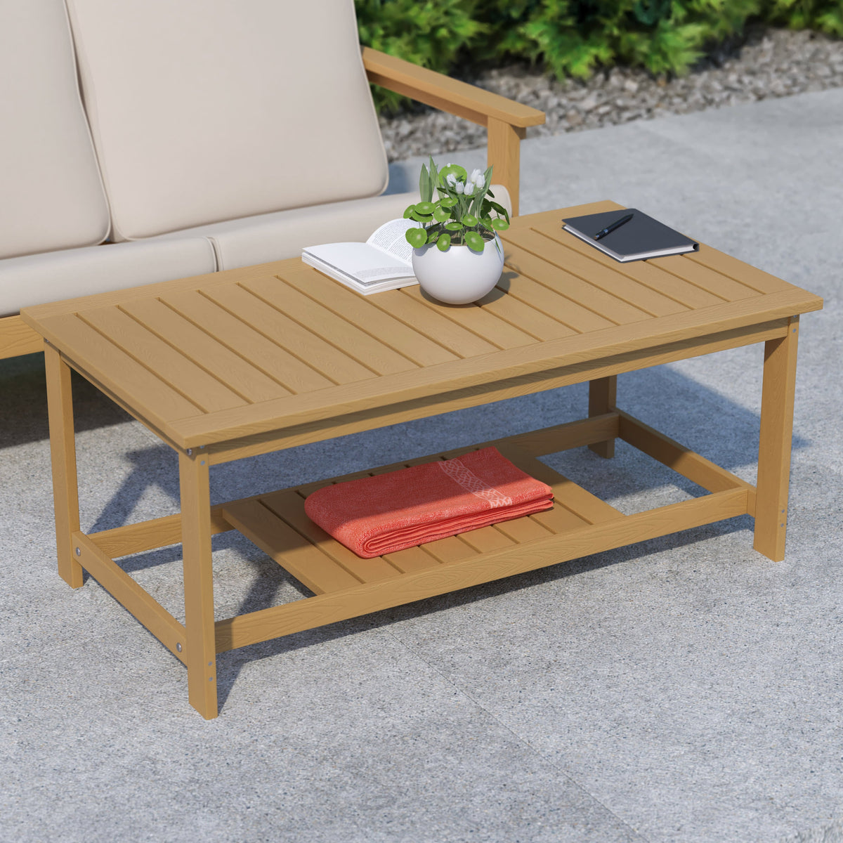 Natural Cedar |#| Indoor/Outdoor Poly Resin 2-Tier Adirondack Coffee Table - Natural Cedar