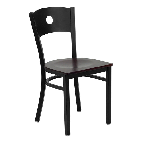 Mahogany Wood Seat/Black Metal Frame |#| Black Circle Back Metal Restaurant Chair - Mahogany Wood Seat