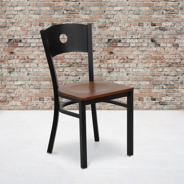Cherry Wood Seat/Black Metal Frame |#| Black Circle Back Metal Restaurant Chair - Cherry Wood Seat