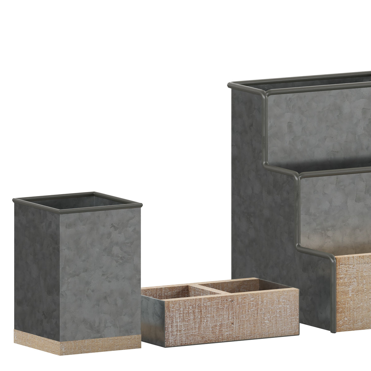 Galvanized |#| Galvanized Finish Metal and Rustic Wood 3 Piece Desktop or Vanity Organizer Set