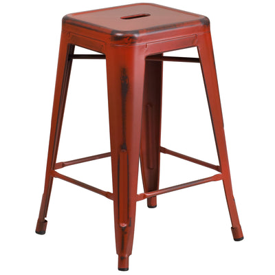 Commercial Grade 24" High Backless Distressed Metal Indoor-Outdoor Counter Height Stool - View 1