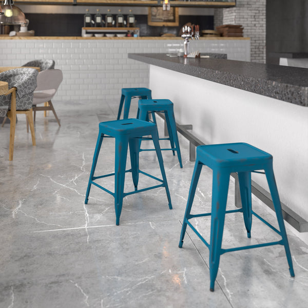 Antique Blue |#| 24inch High Backless Distressed Blue Metal Indoor-Outdoor Counter Height Stool