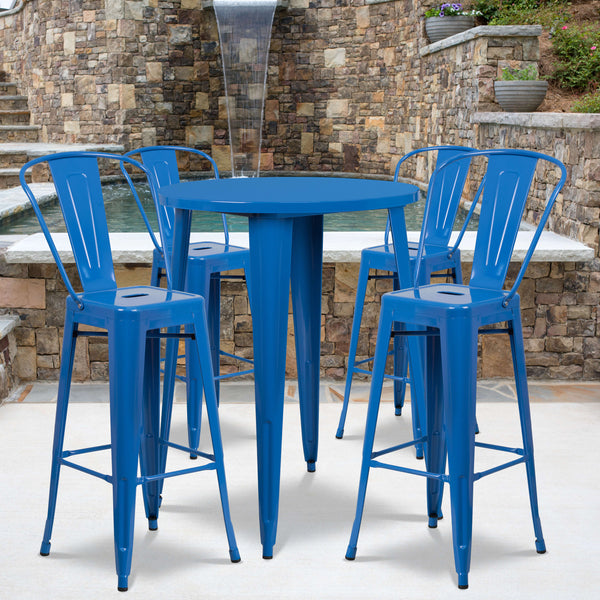 Blue |#| 30inch Round Blue Metal Indoor-Outdoor Bar Table Set with 4 Cafe Stools
