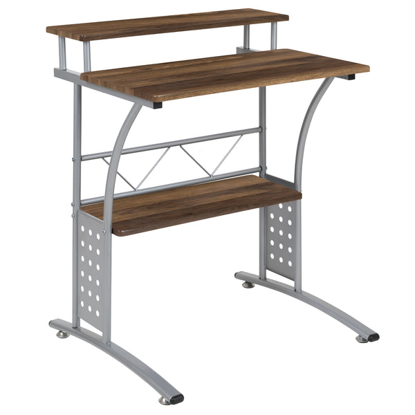 Rustic Walnut |#| Rustic Walnut Computer Desk with Top and Lower Storage Shelves