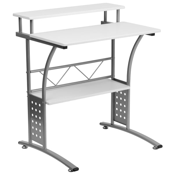 White |#| White Computer Desk with Perforated Side Paneling and Raised Monitor Shelf