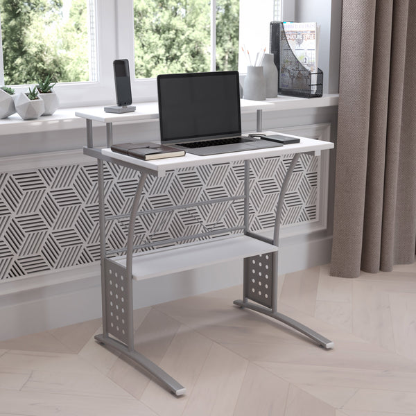 White |#| White Computer Desk with Perforated Side Paneling and Raised Monitor Shelf