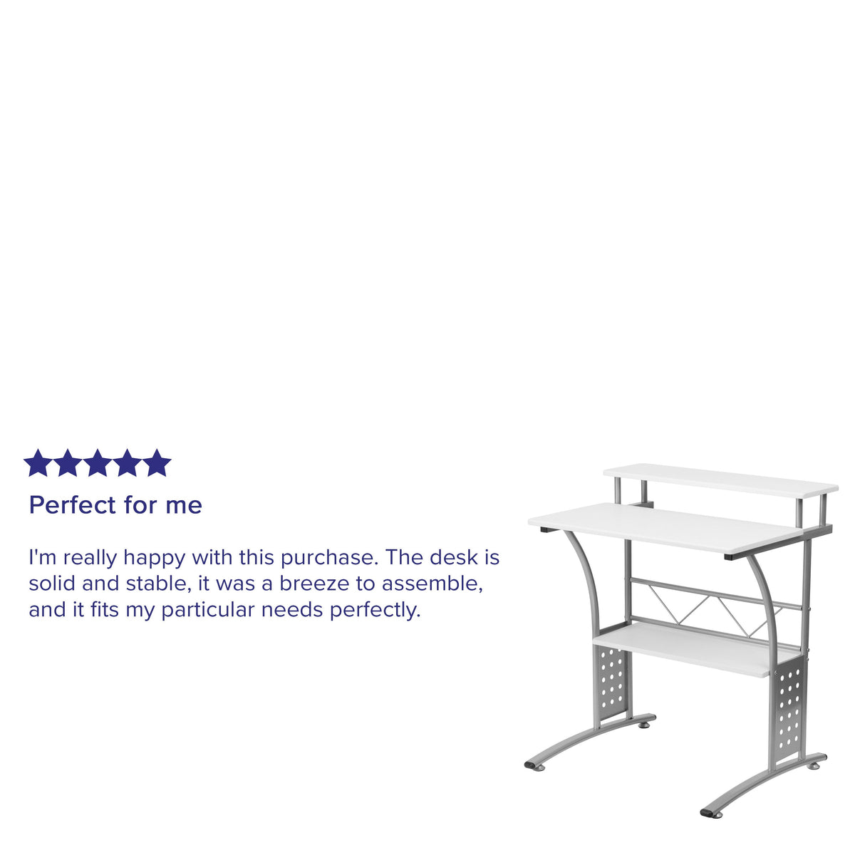 White |#| White Computer Desk with Perforated Side Paneling and Raised Monitor Shelf