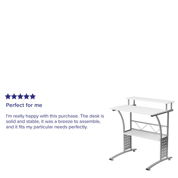 White |#| White Computer Desk with Perforated Side Paneling and Raised Monitor Shelf