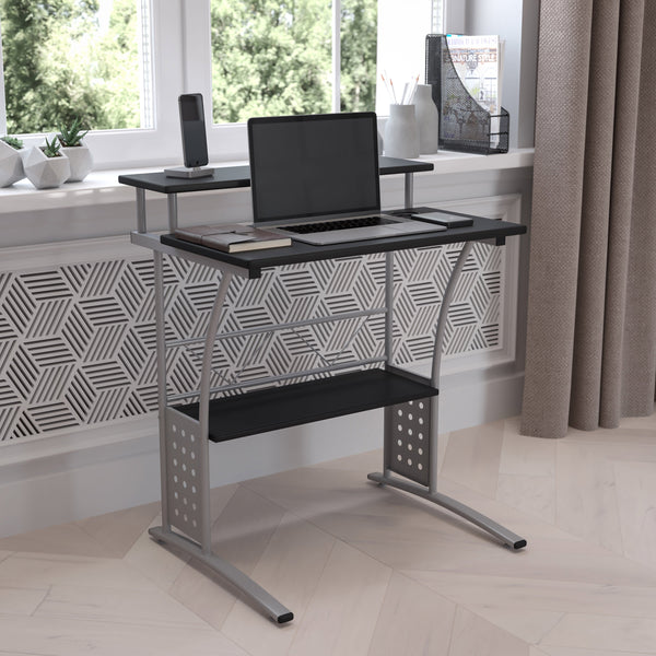 Black |#| Black Computer Desk with Perforated Side Paneling and Raised Monitor Shelf