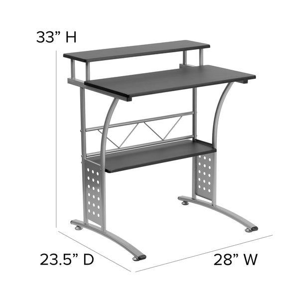 Black |#| Black Computer Desk with Perforated Side Paneling and Raised Monitor Shelf