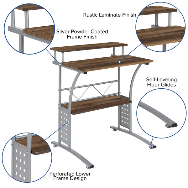 Rustic Walnut |#| Rustic Walnut Computer Desk with Top and Lower Storage Shelves